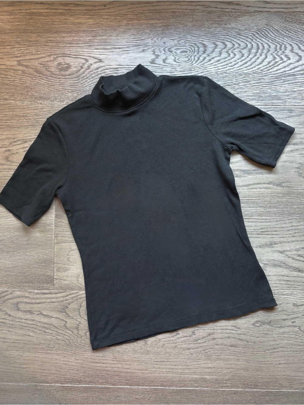 Joie Pima Cotton Ribbed Black Short-Sleeve Mock Neck Shirt